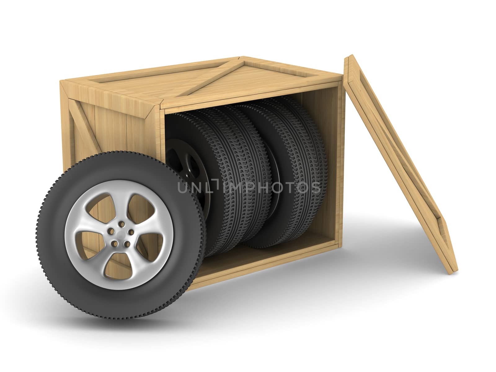 disk wheels in box on white background. Isolated 3D image by ISerg