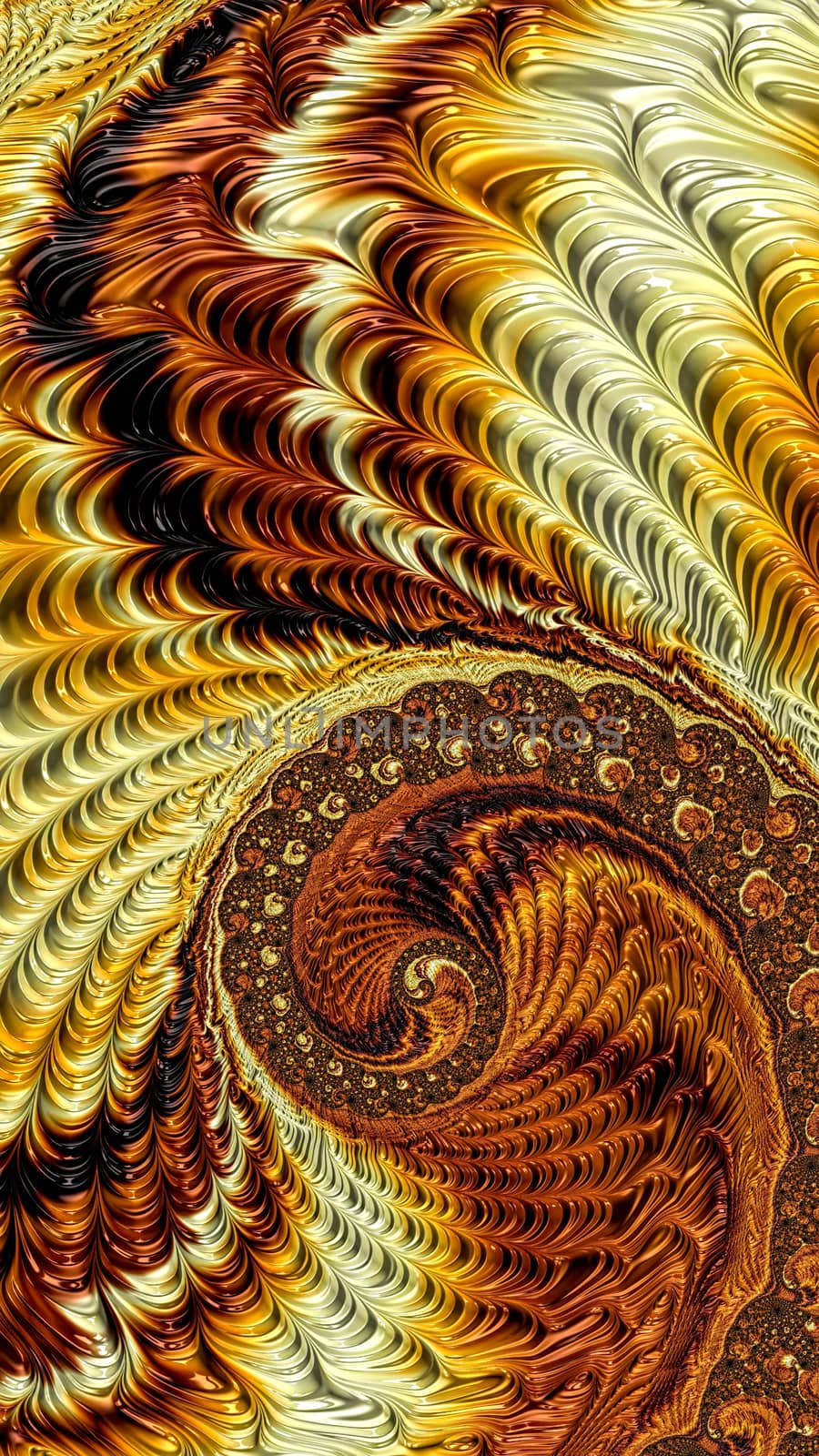 Fractal spiral background - abstract computer-generated image. Digital art: glossy precious helix and waves. Vertical composition. For desktop wallpaper, banners.