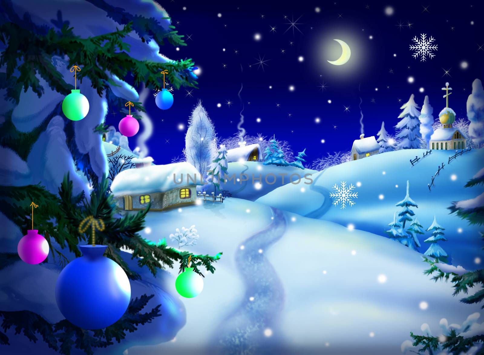 Christmas & New Year Night Landscape with Christmas Tree and small village  in a wonderful winter night.  Outdoor scene, handmade illustration  in a classic cartoon style.