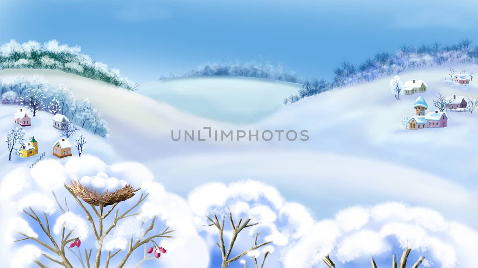 Romantic Rural Landscape in a Wonderful Frosty Winter Day.  Outdoor  New Year scene, handmade illustration  in a classic cartoon style.