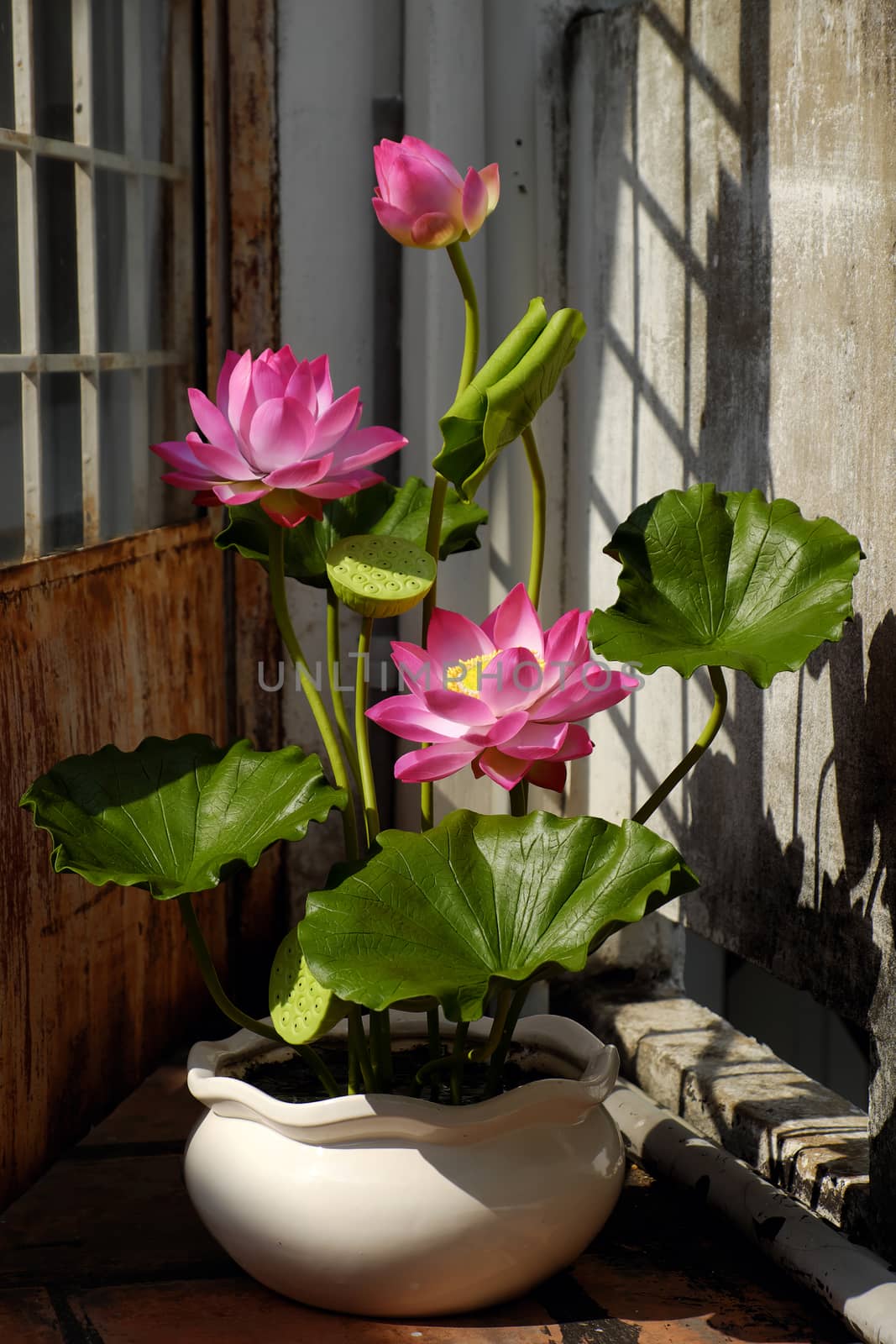 Artificial flower, handmade lotus flower with green leaf and pink petal make from clay, diy art product for home decoration