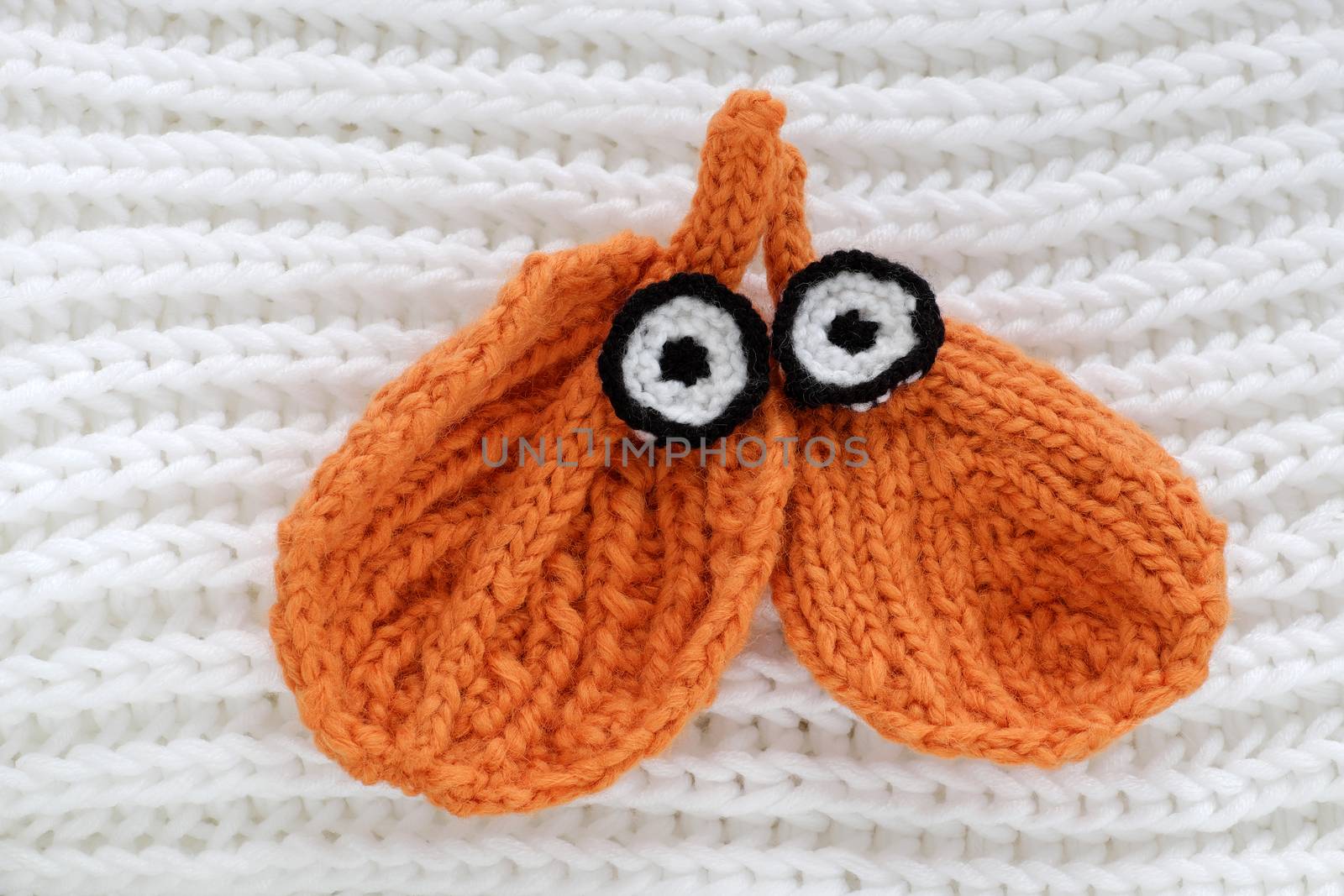 Humor eyes of winter make from yarn, diy simple background for Xmas holiday by knitted leaf for eyebrow, nose on white scarf background, joyful craft with funny face