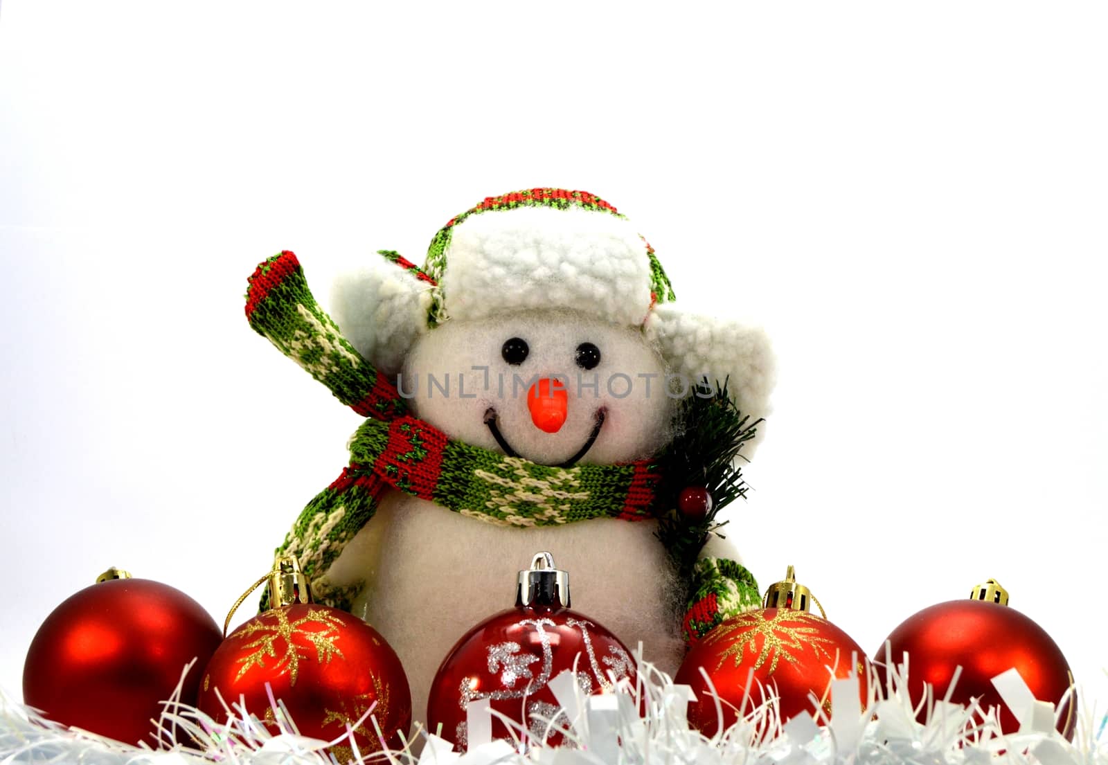 Five christmas balls, a white garland and a snowman with a scarf and a green hat