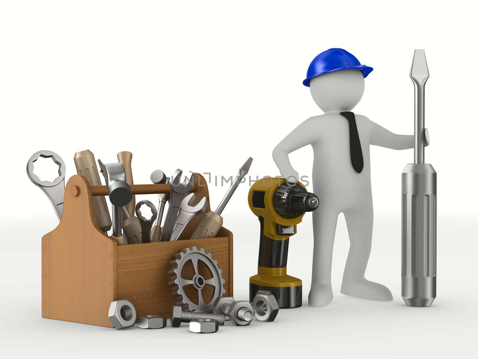 Man with wooden toolbox. Isolated 3D image