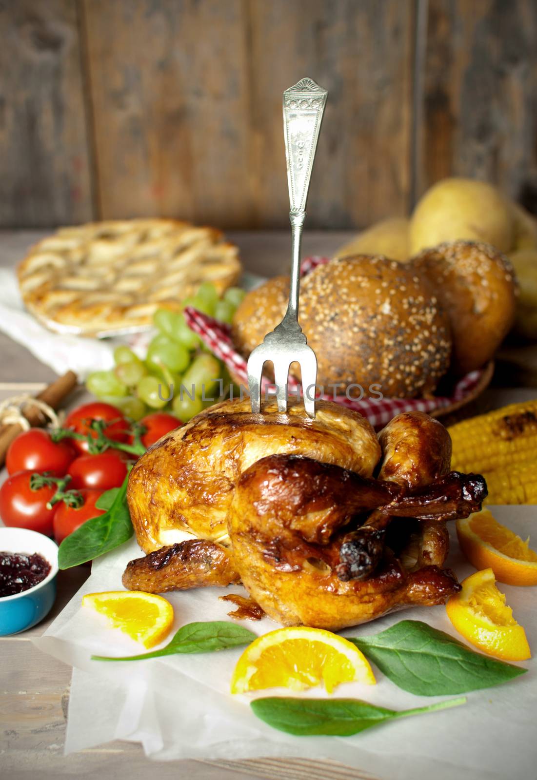 Festive roast turkey with serving fork