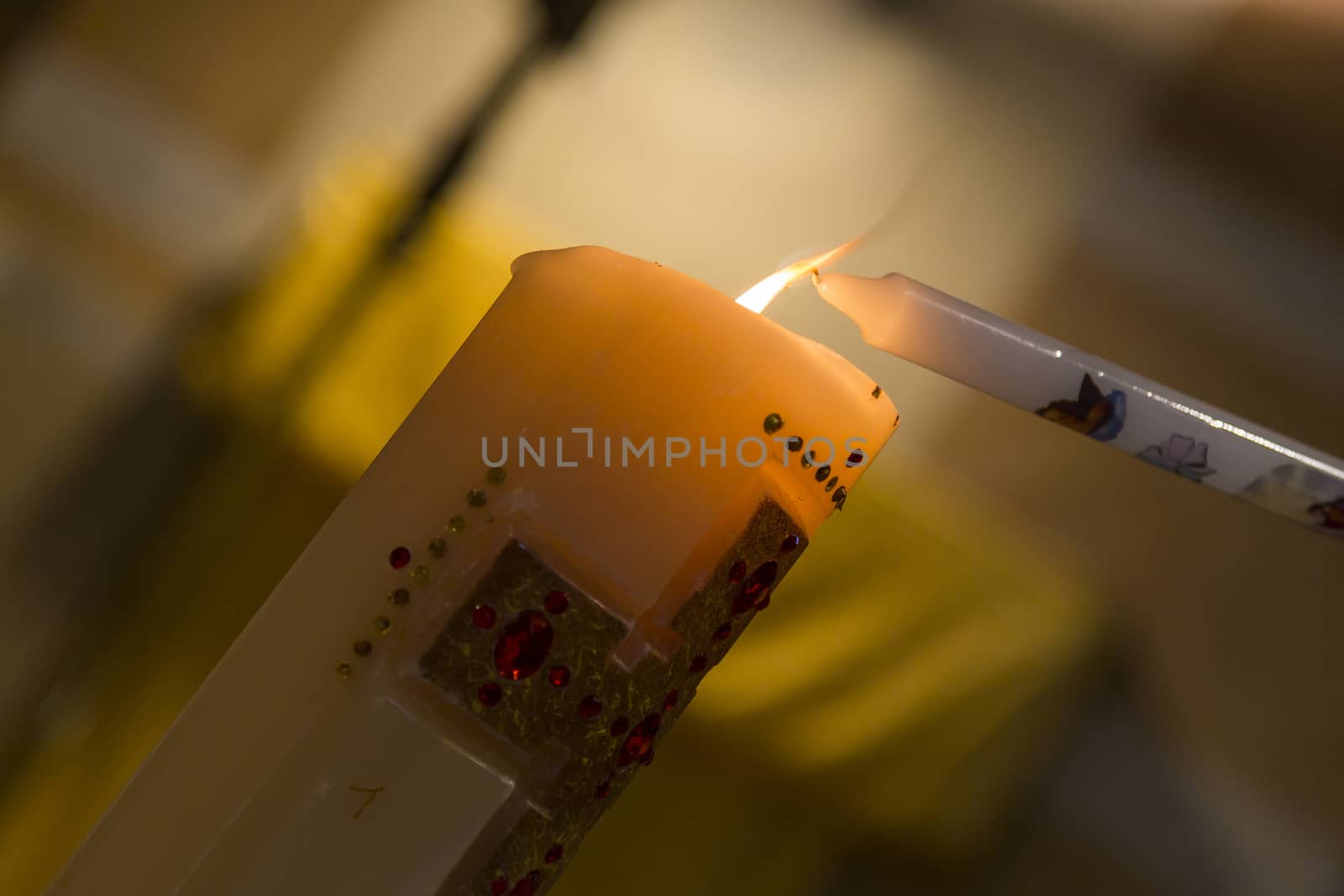Close up view of a baptismal candle