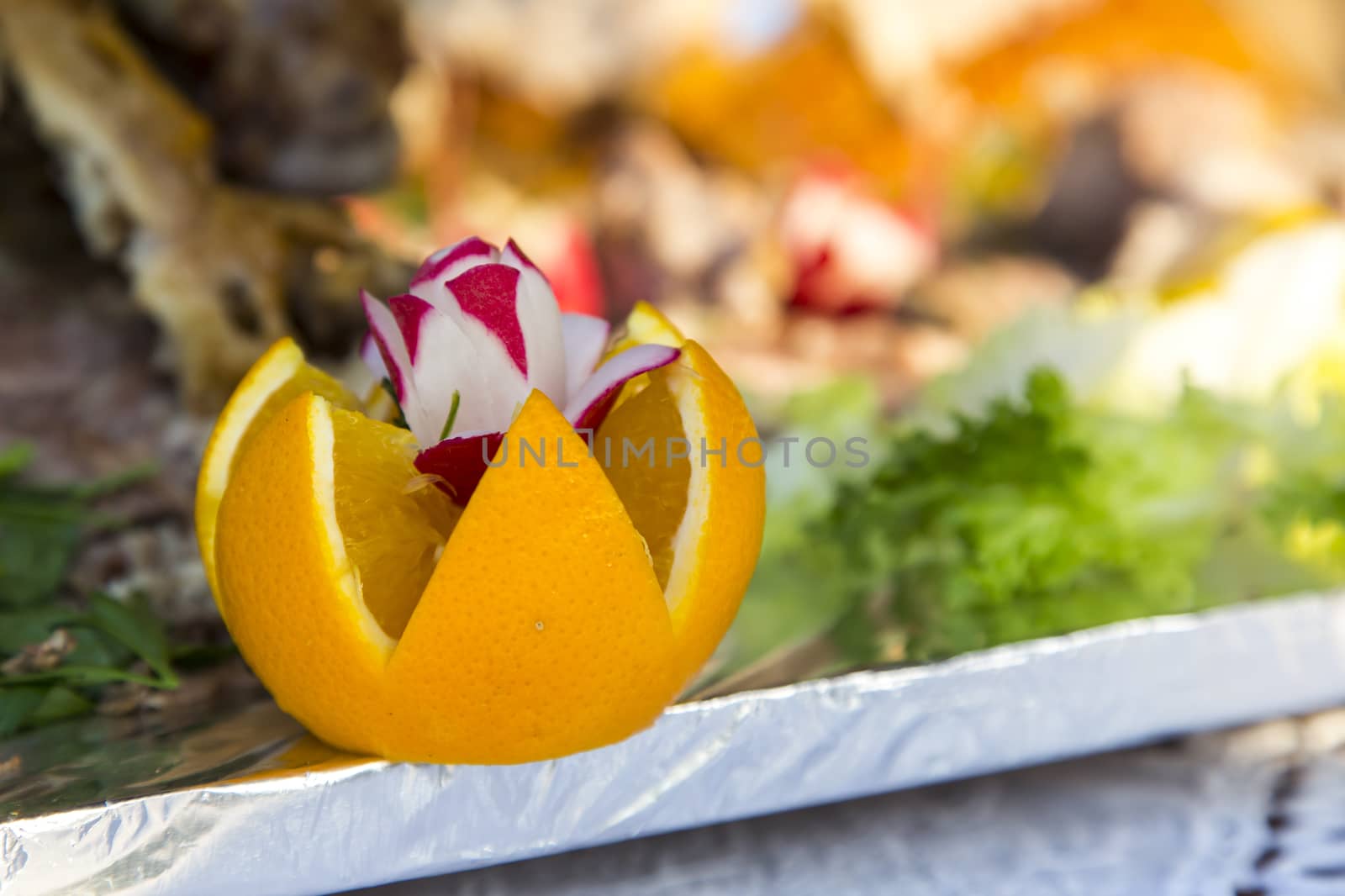 Close up view of fruit of orange carved for decoration