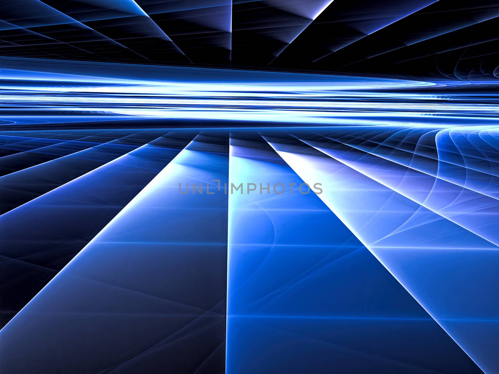 Abstract tech background -  computer-generated image. Fractal geometry: glossy surface and straight lines stretches to horizon. Technology or sci-fi backdrop.