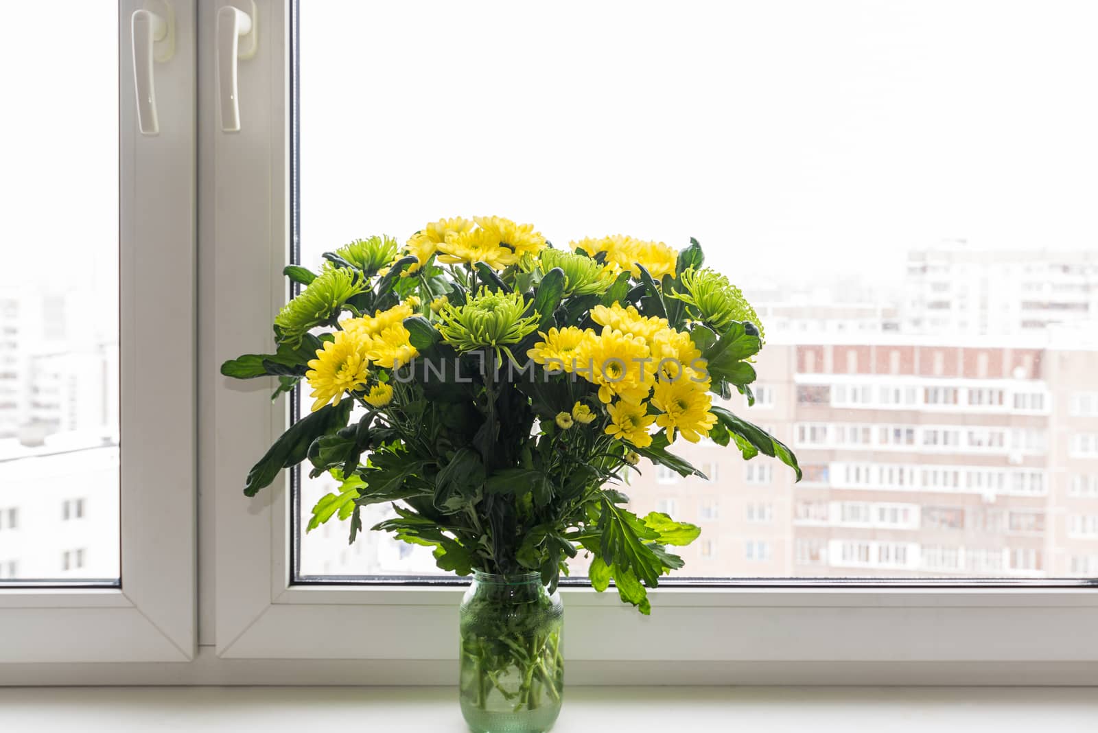 Bouquet of yellow chrysanthemums and green stands on the windowsill