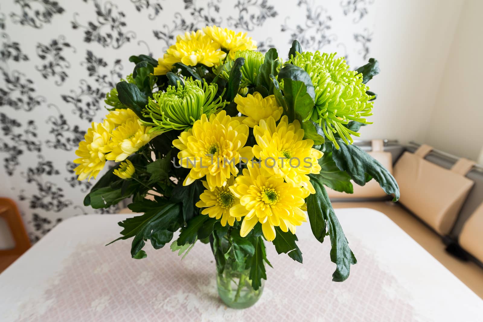 Bouquet of yellow and green chrysanthemums standing on kitchen table by olgavolodina