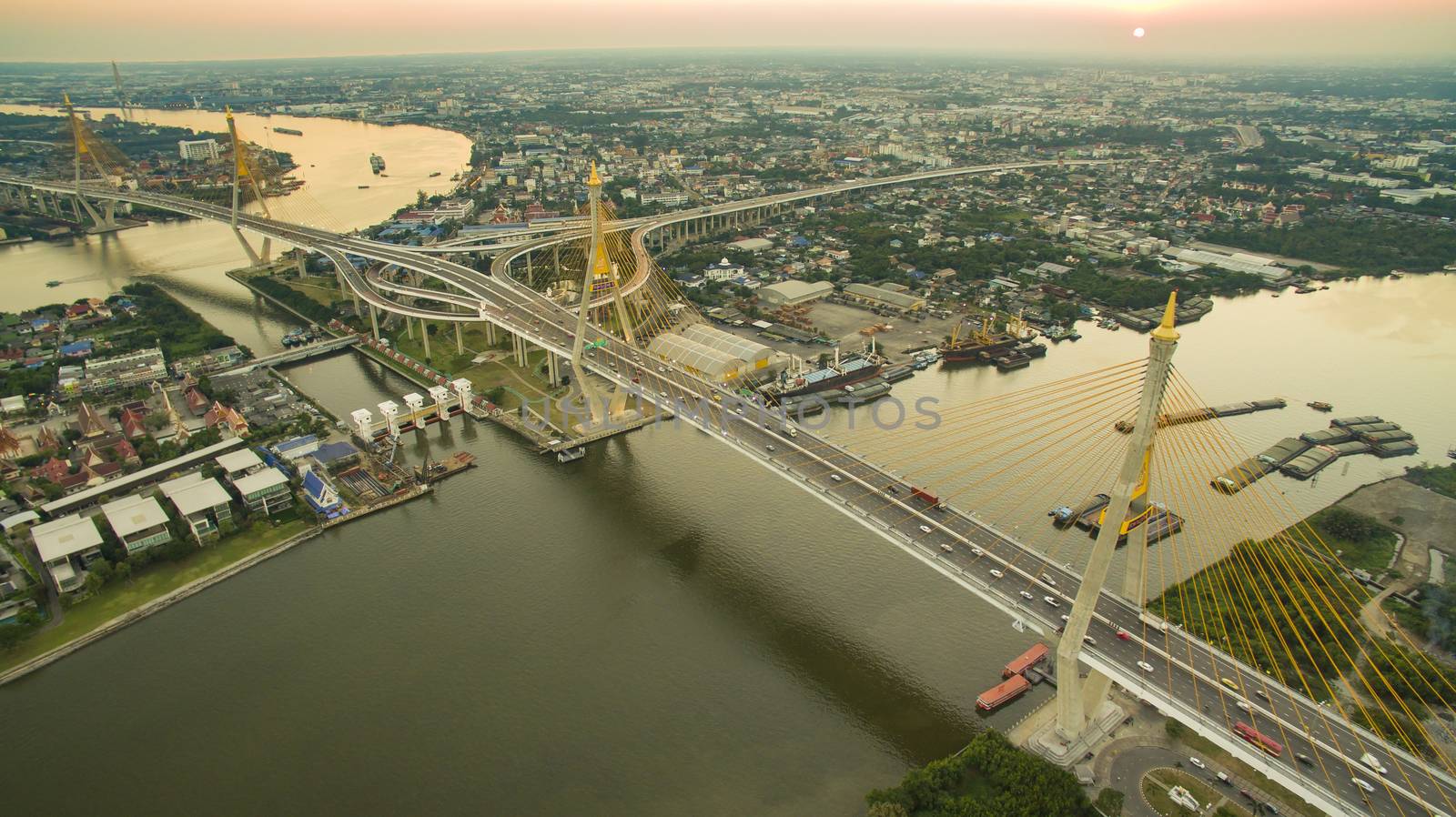 aerial view of bhumiphol bridge important landmark and land transportation in bangkok thailand