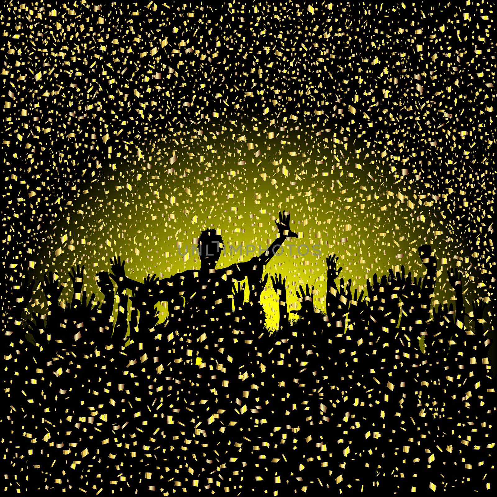 Confetti gliter background with silhouettes of party people