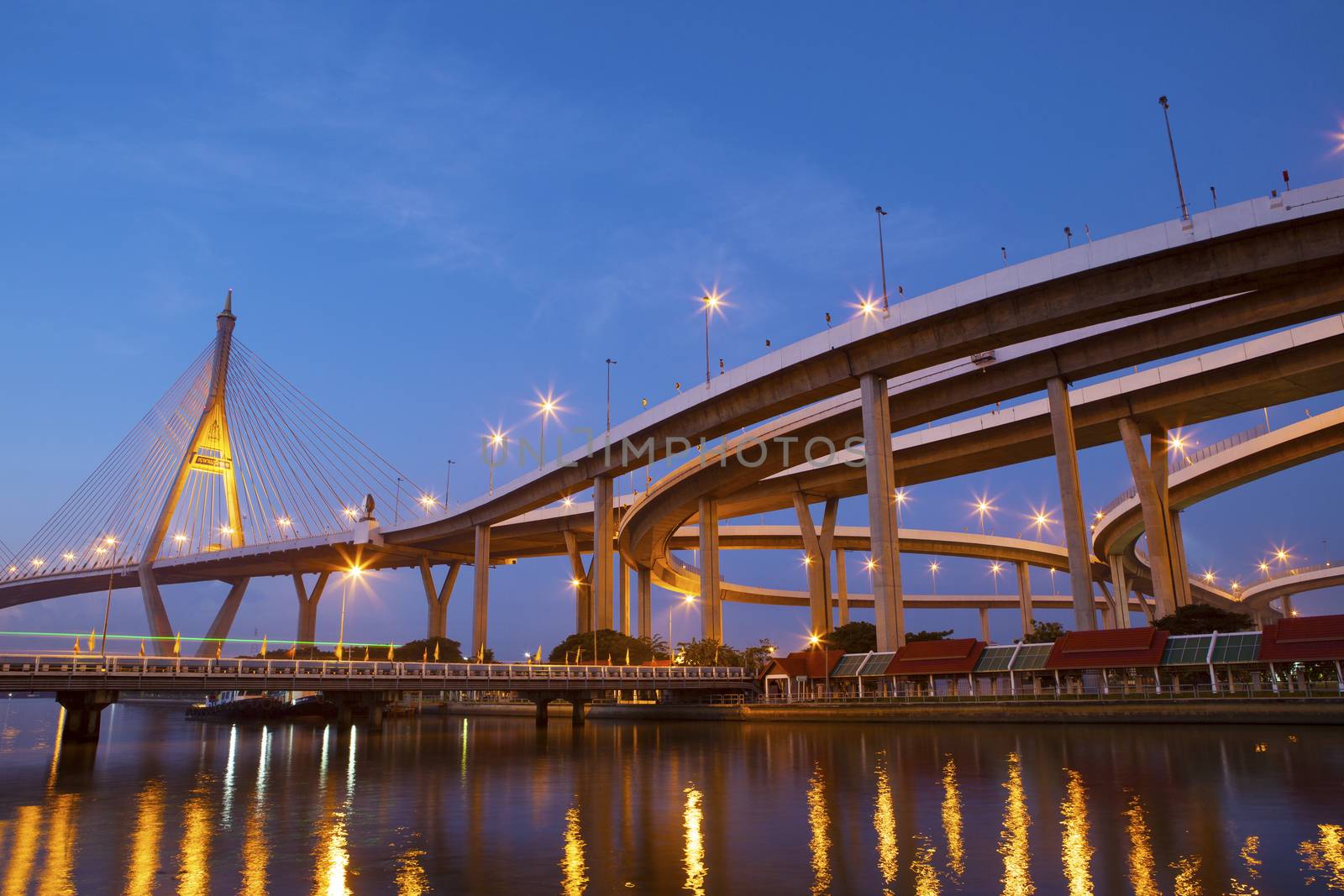 moring light of bhumiphol bridge important landamark and land transportation in bangkok thailand capital