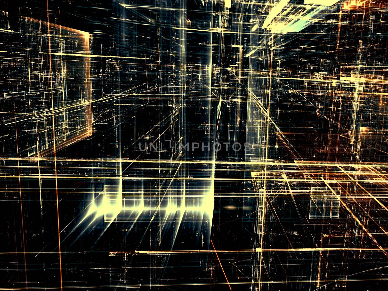 Abstract technology background -  computer-generated image. Fractal geometry: glass city street with light effects. Virtual reality or communication concept.