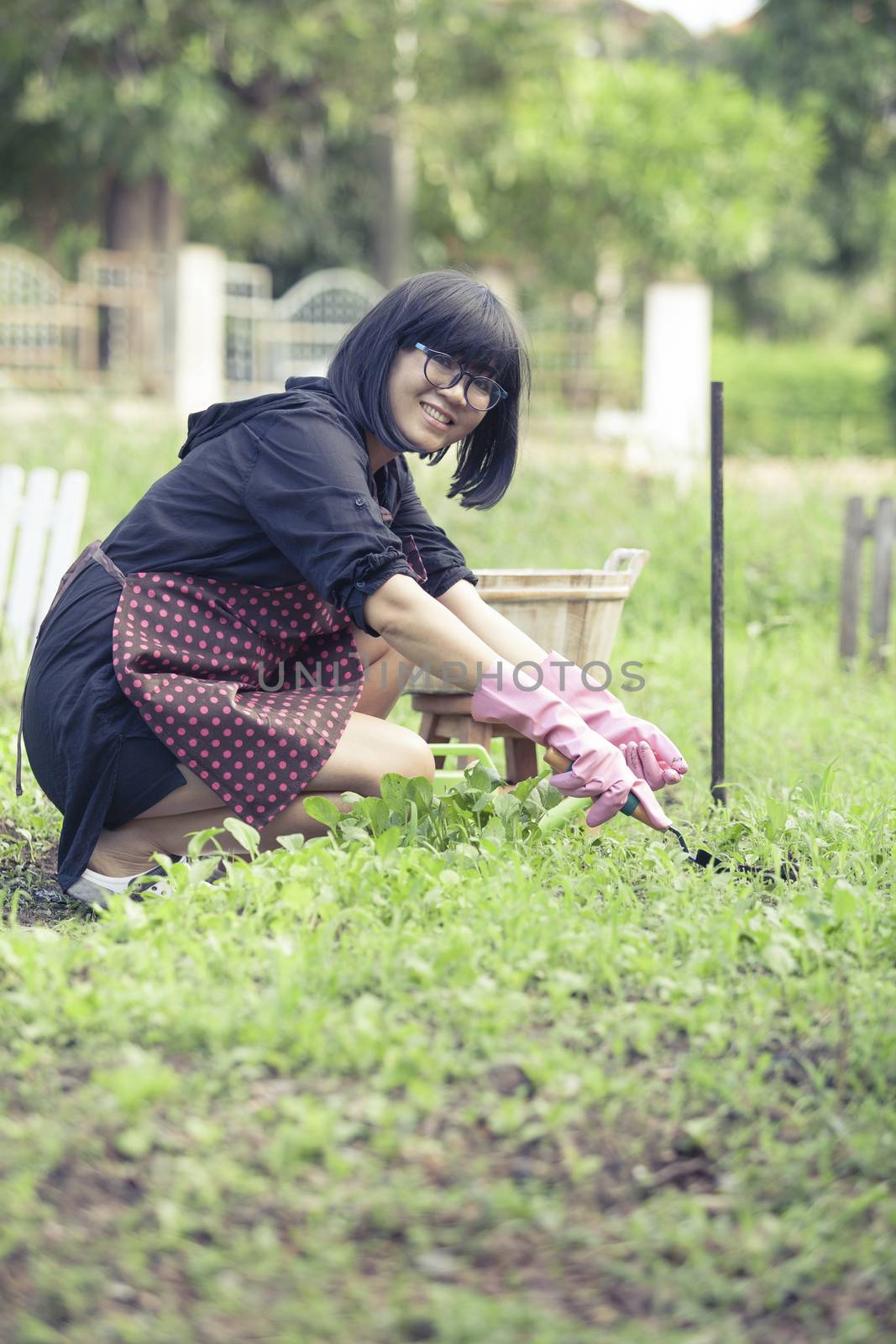 asian woman relaxing happiness emotion planting organic vegetabl by khunaspix