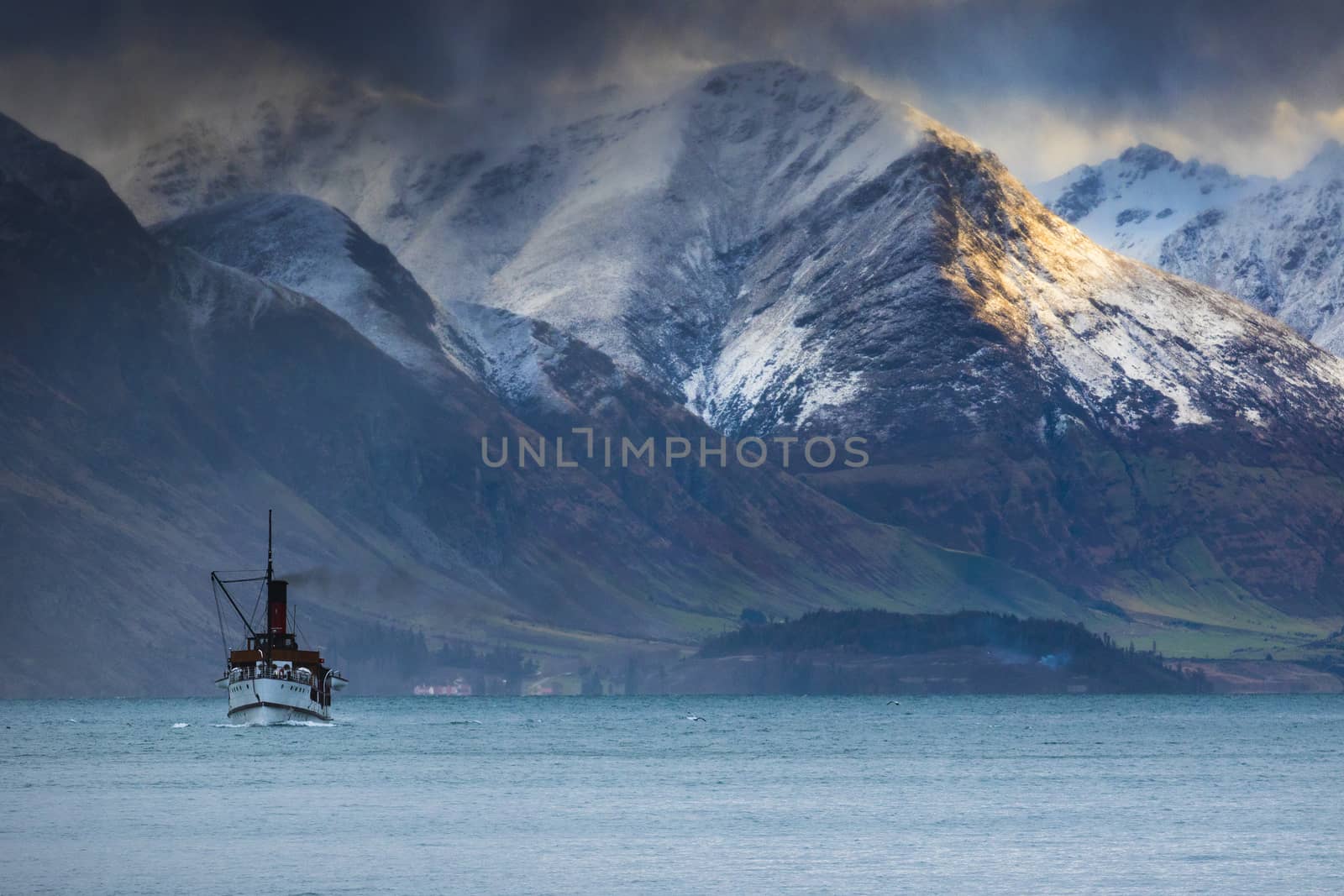 beautiful scenic of old steam engine boat in wakatipu lake queen by khunaspix