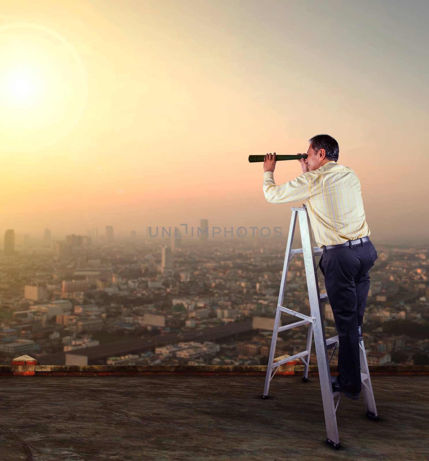business man spying lens on high building roof  against skyscraper scene for business conceptual