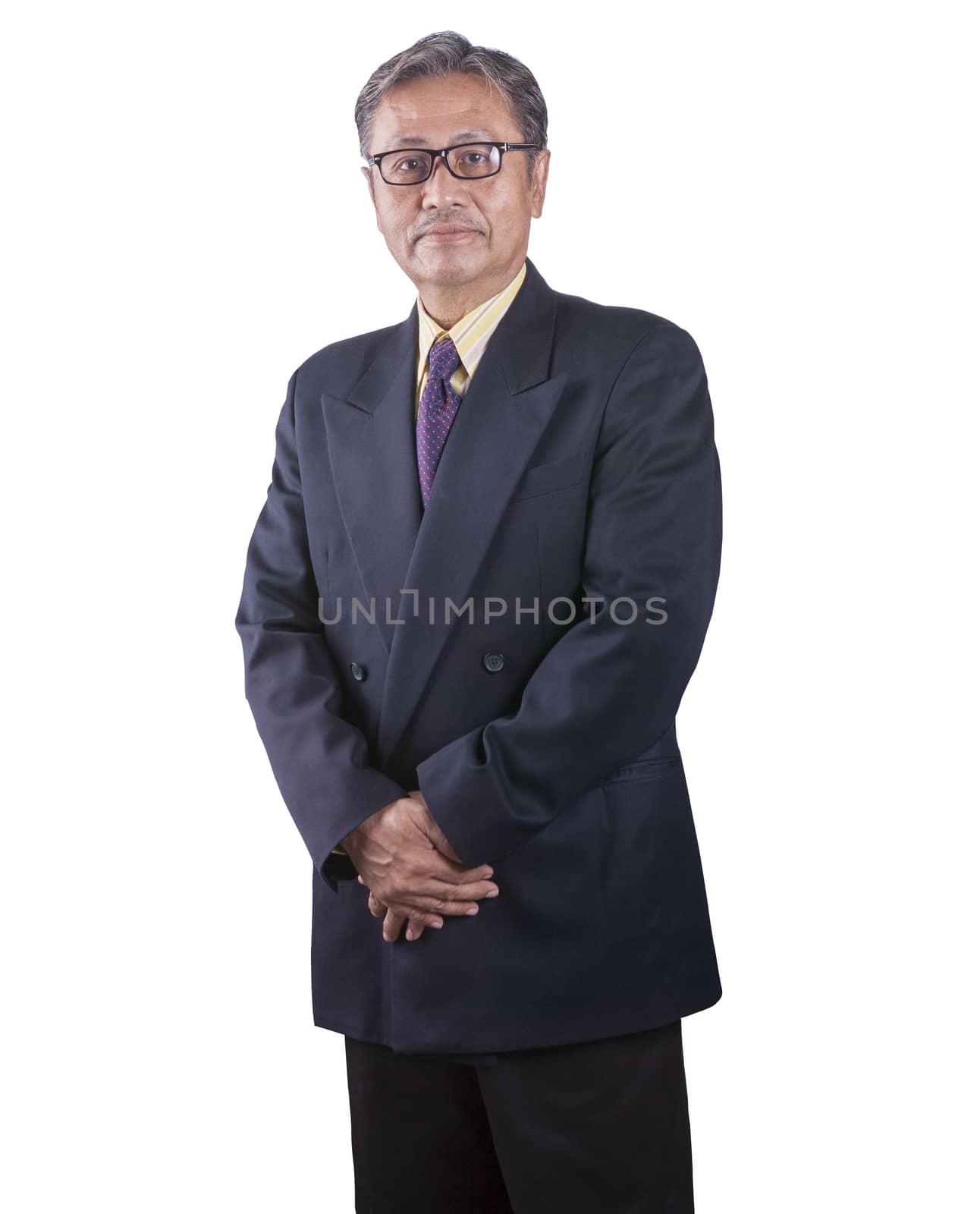 portrait of senior asian business man standing with smiling face isolate white background