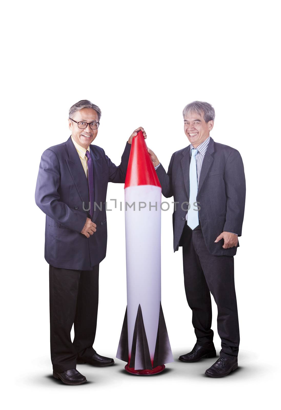 couples of asian business man with rocket missile ,conceptual for business strategy target