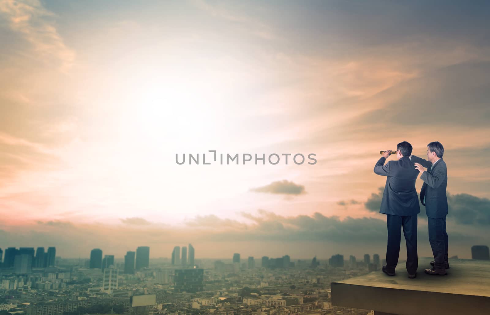 two business man and binocular spying acting standing on top of  by khunaspix