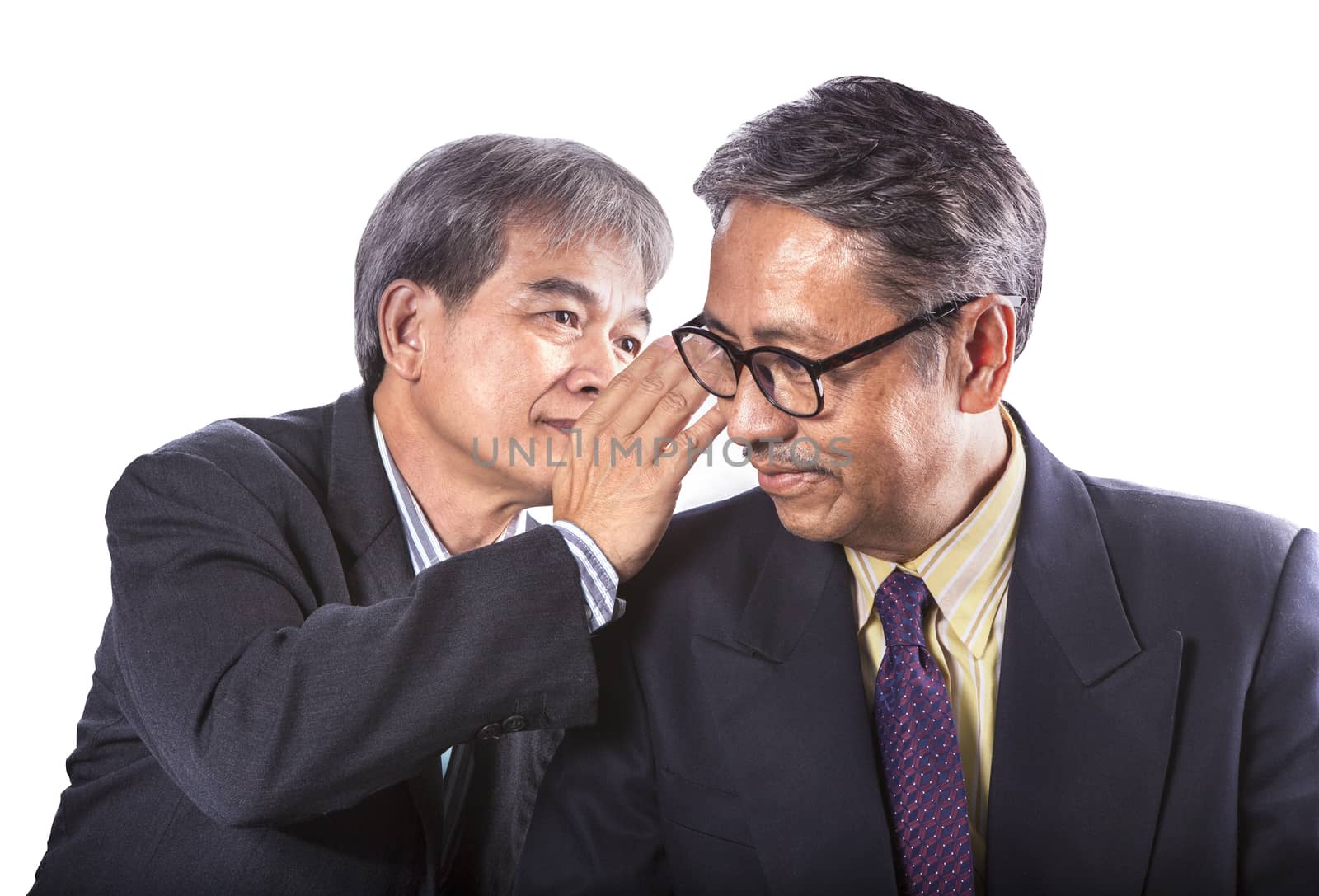 two asian senior business man gossip for business strategy isolated white background