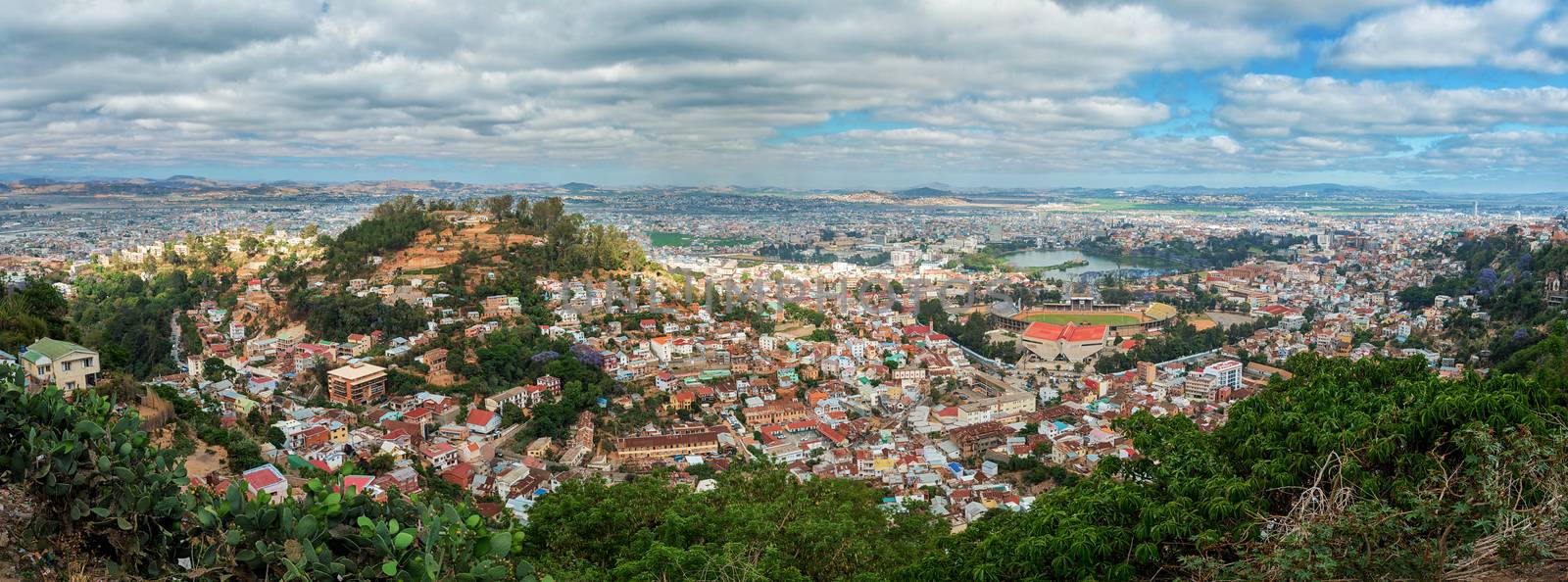 Panorama of Antananarivo, french Tananarive, short name Tana,  capital and largest city in Madagascar, Madagasikara republic. Vie from top to Central Antananarivo, including Lake Anosy.