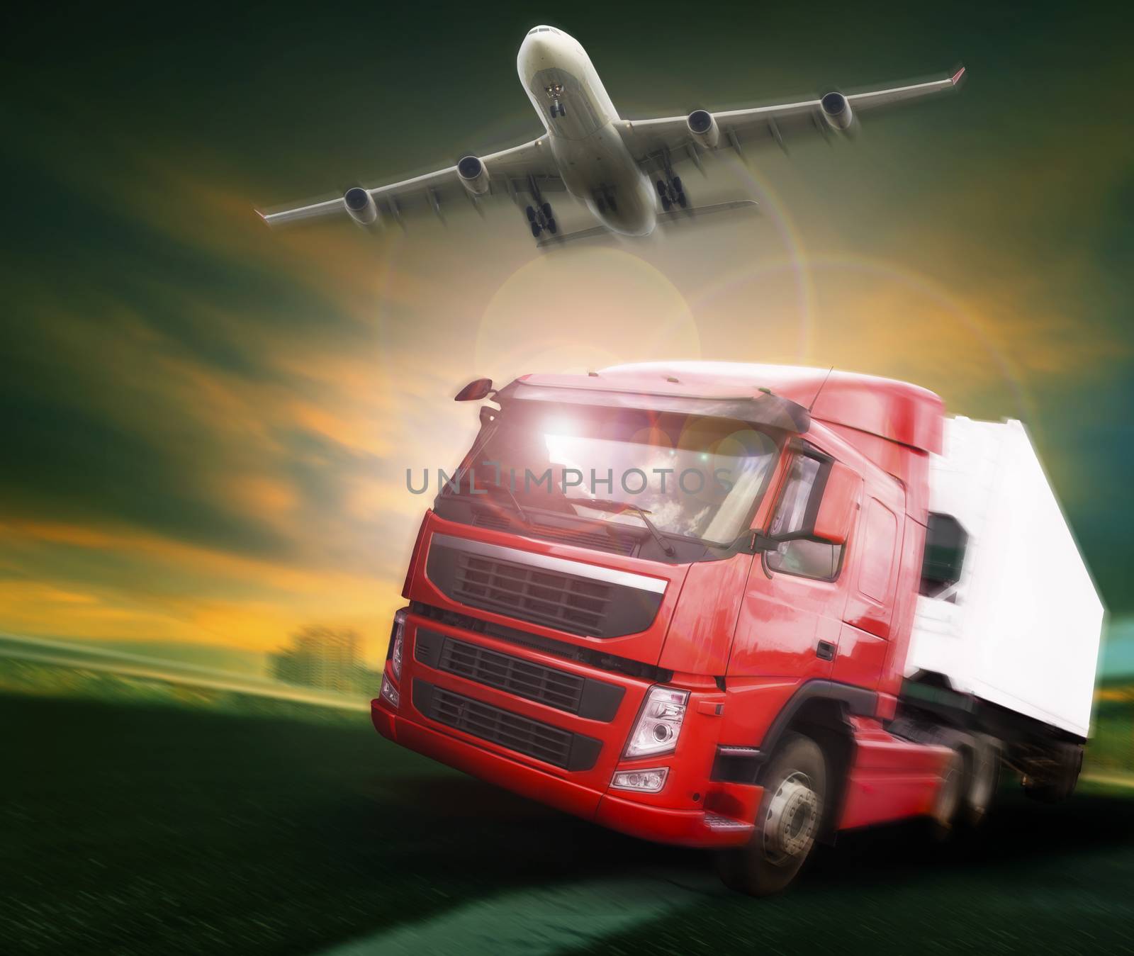 container truck and freight cargo plane flying above in land and air logistic transport industry