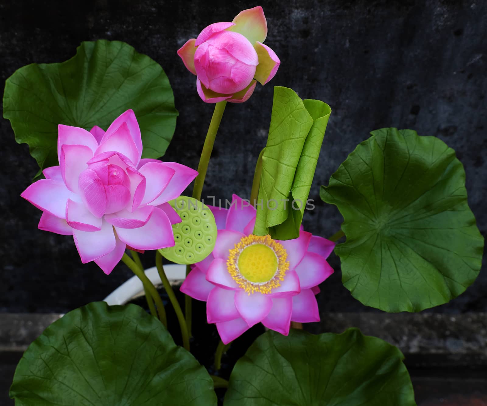 Artificial flower, handmade clay lotus flower with green leaf and pink petal, diy art product for home decoration, close up artwork on old wall background