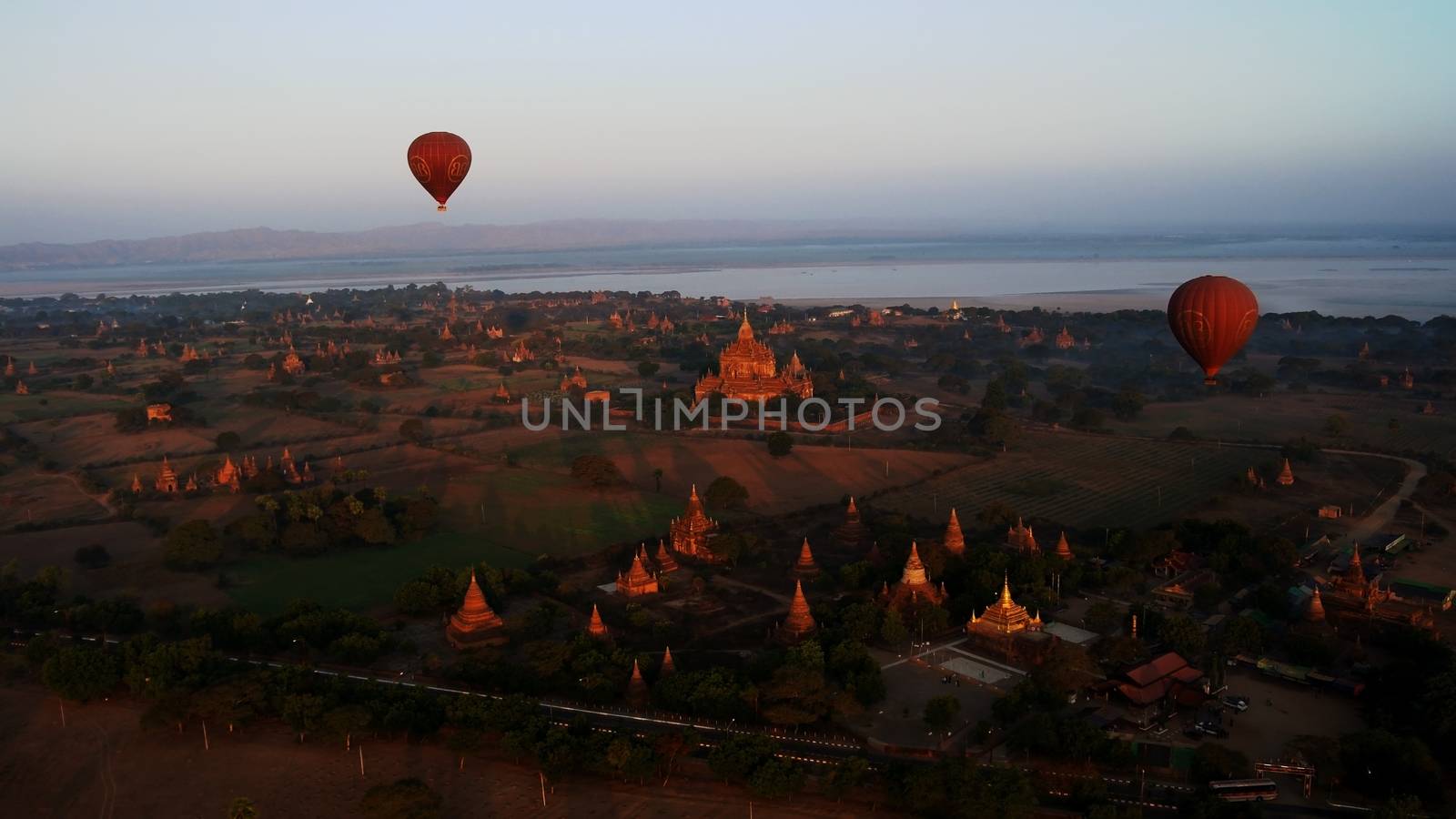 Ballooning in the dawn over Bagan, a thousands of stupas