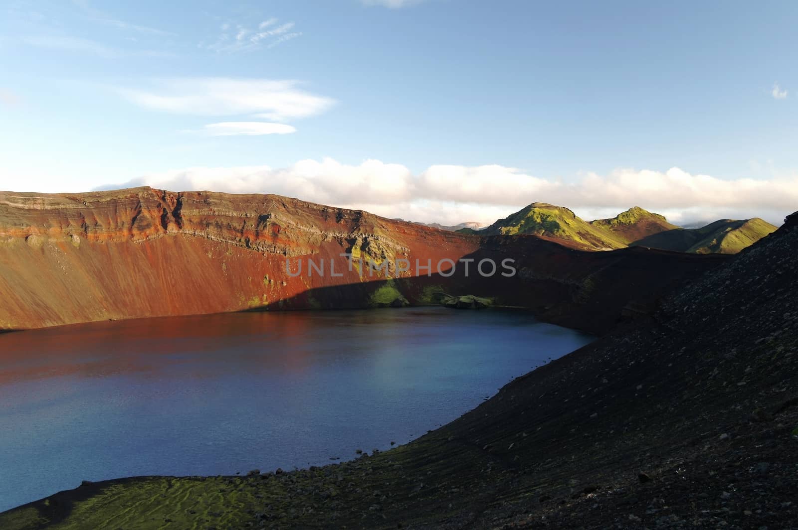 Lljotipollur or dreadful hole, crater lake in Landmannalaugar valley, Iceland