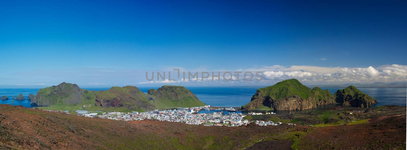 Panorama of Heimaey town , Vestmannaeyjar archipelago, Iceland