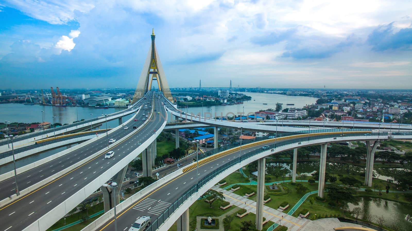 aerial view of bhumiphol bridge crossing chaopraya river important modern landmark of bangkok thailand capital