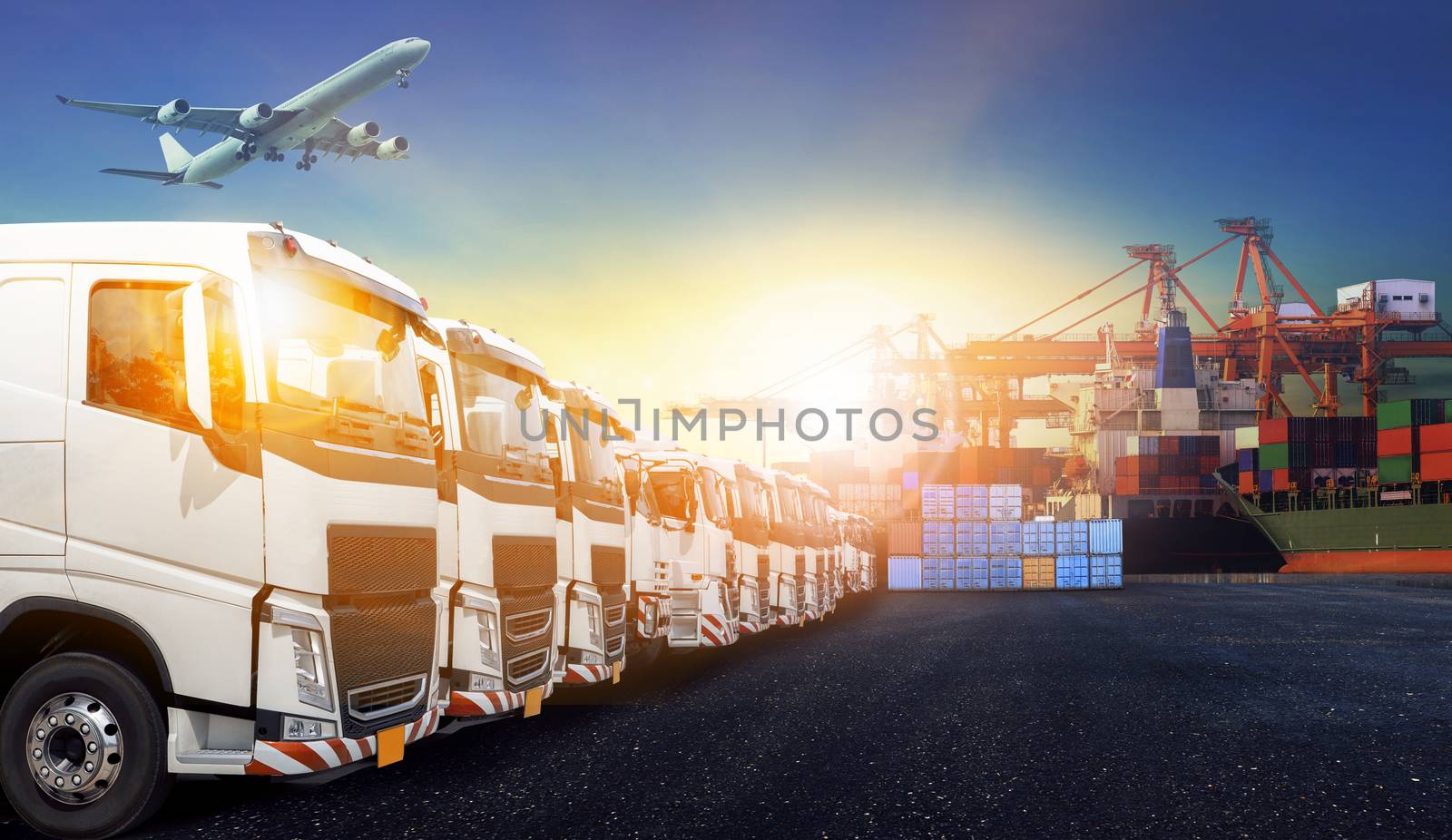 container truck ,ship in port and freight cargo plane in transport and import-export commercial logistic ,shipping business industry 