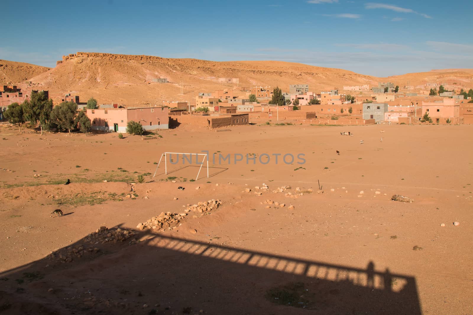 Part of an old medieval city Ait ben Haddou. Houses with few trees and a hill in the background. Shadow of a traditional building.