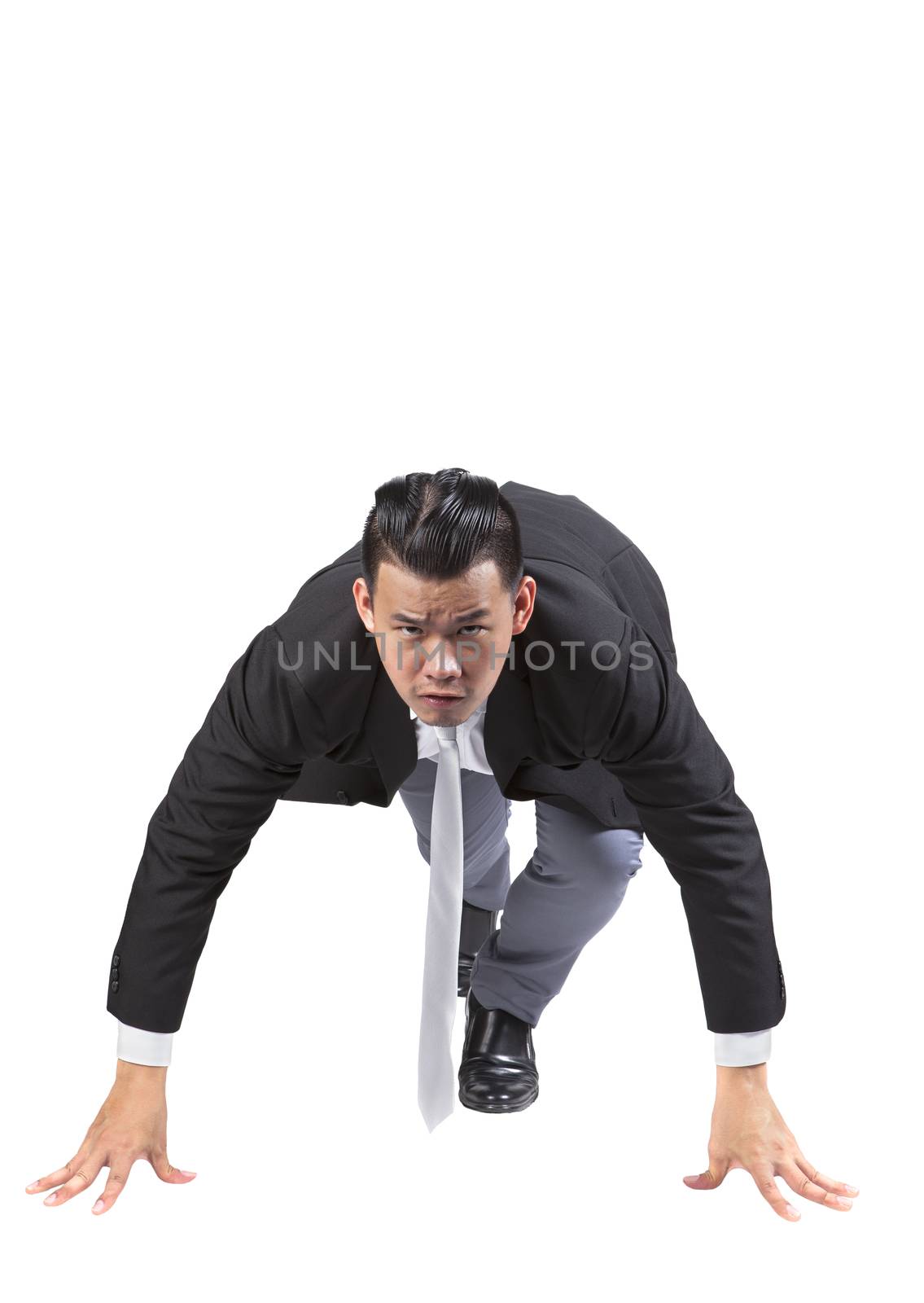asian business man acting like runner athlete in start patform isolated white background use for speed ,competition abstract meaning