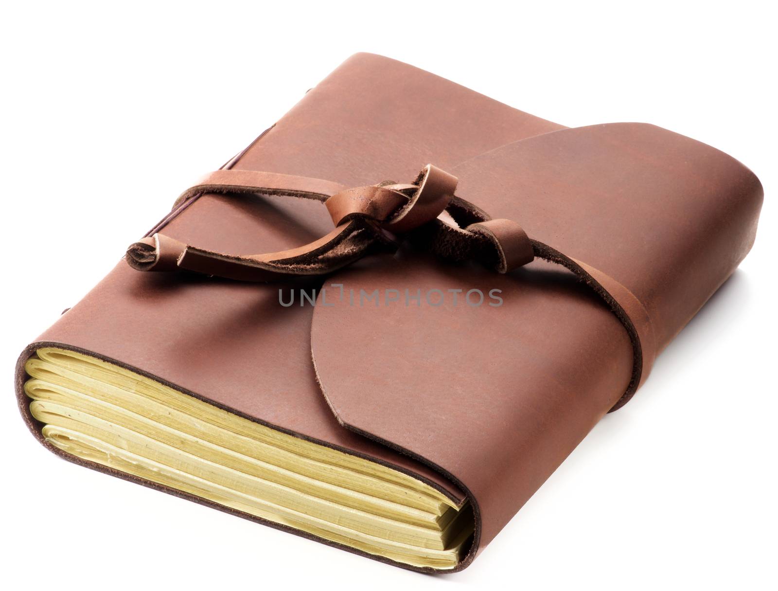 Handmade Brown Leather Notepad with Craft Paper isolated on White background