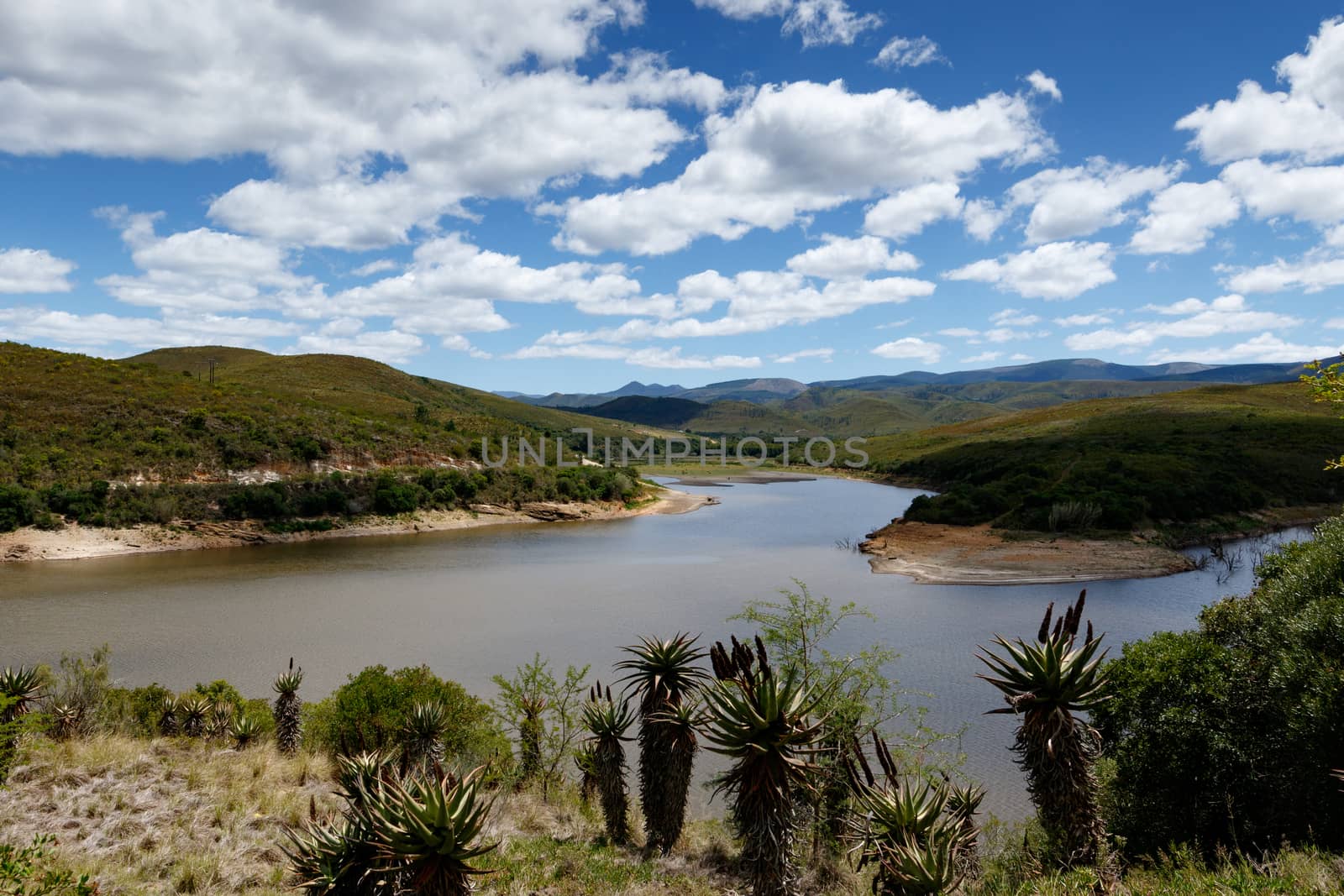 The low level of the Loerie Dam Nature Reserve with clouds and skies