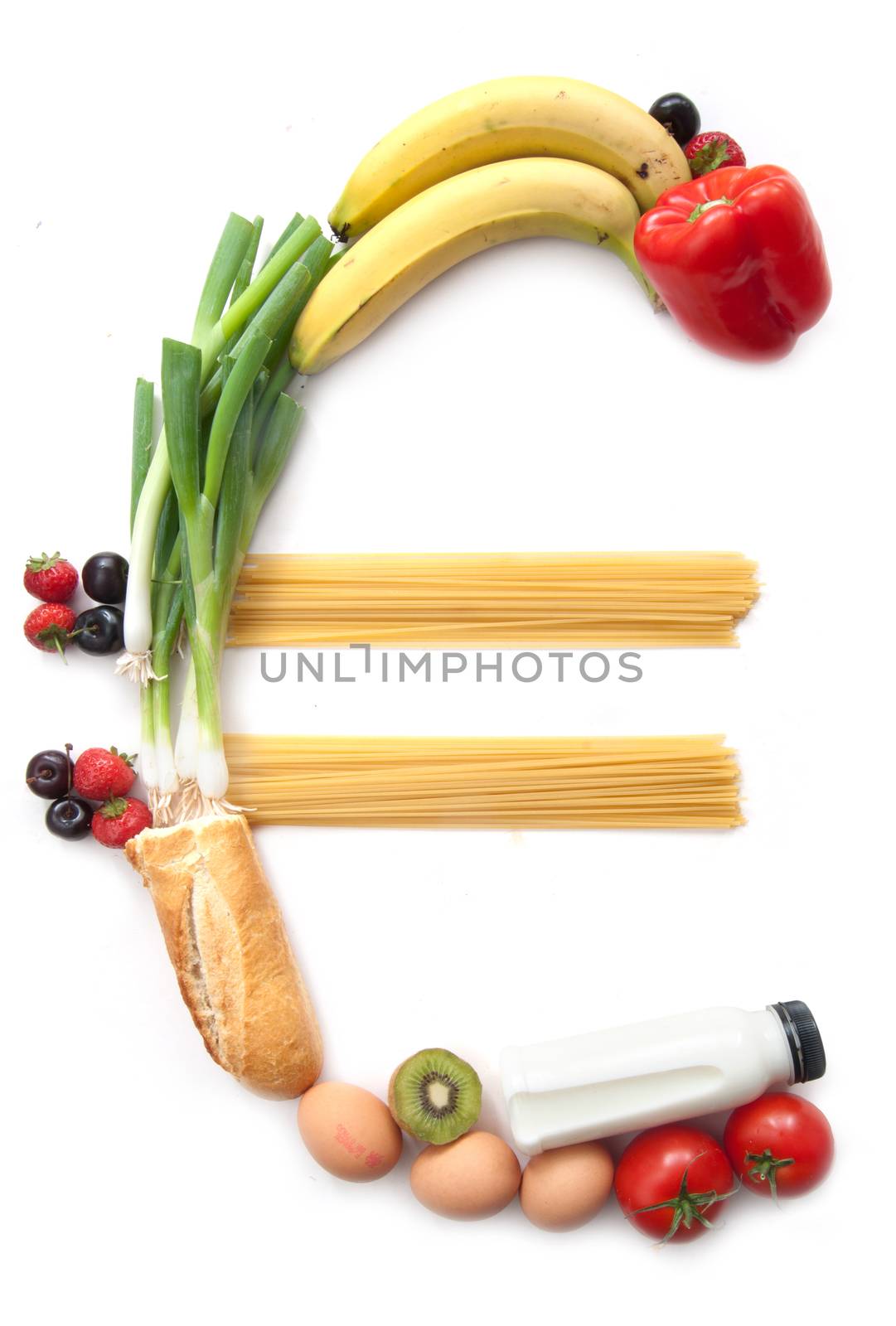 Euro currency sign made from food groceries over a white background 