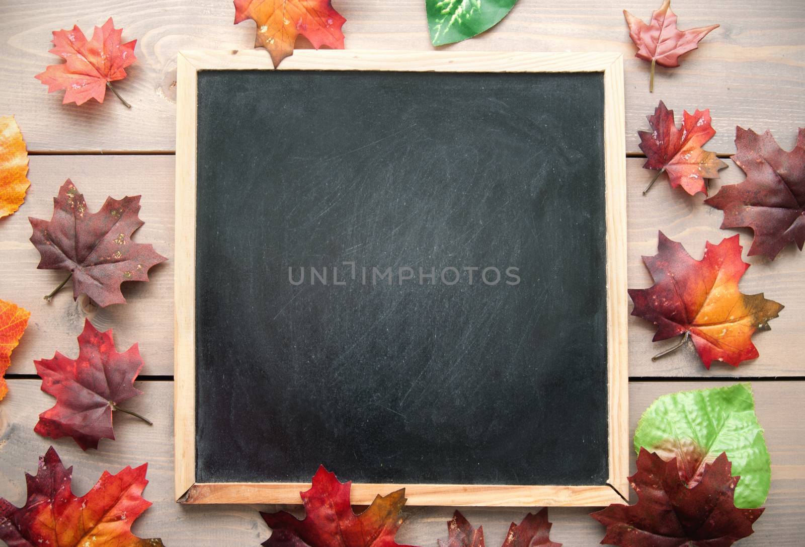 Autumn leaves around a blackboard with space 