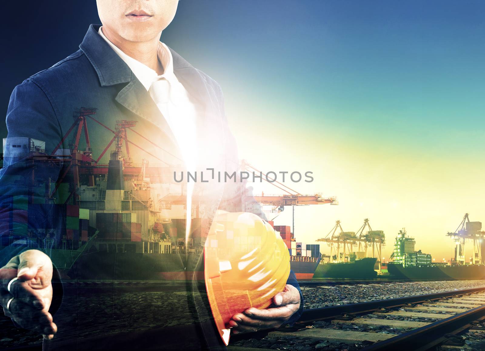 professional working man in shipping port and logistic transportation industry multi exposure