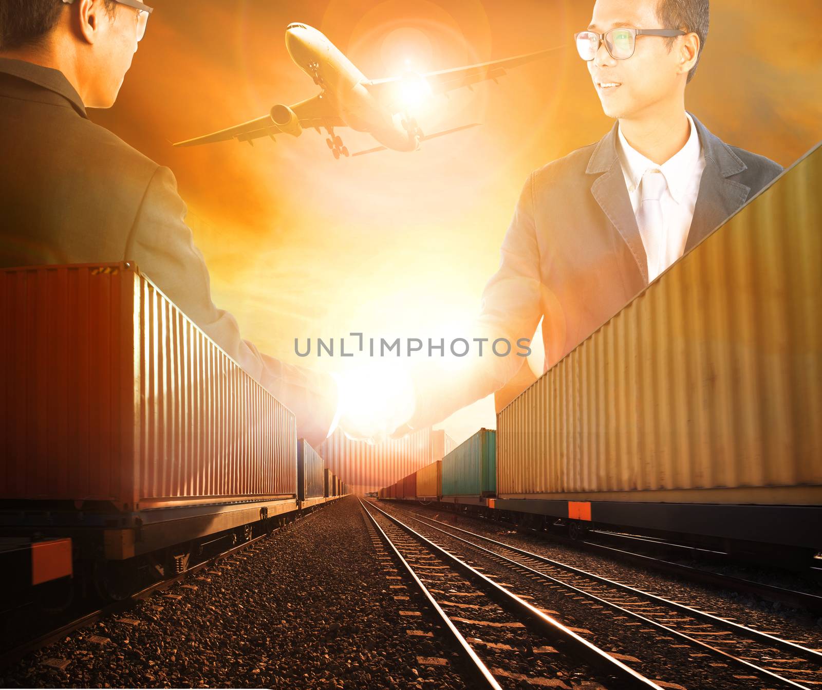 two business man successful shaking hand with railway logistic and air freight cargo transportation theme 