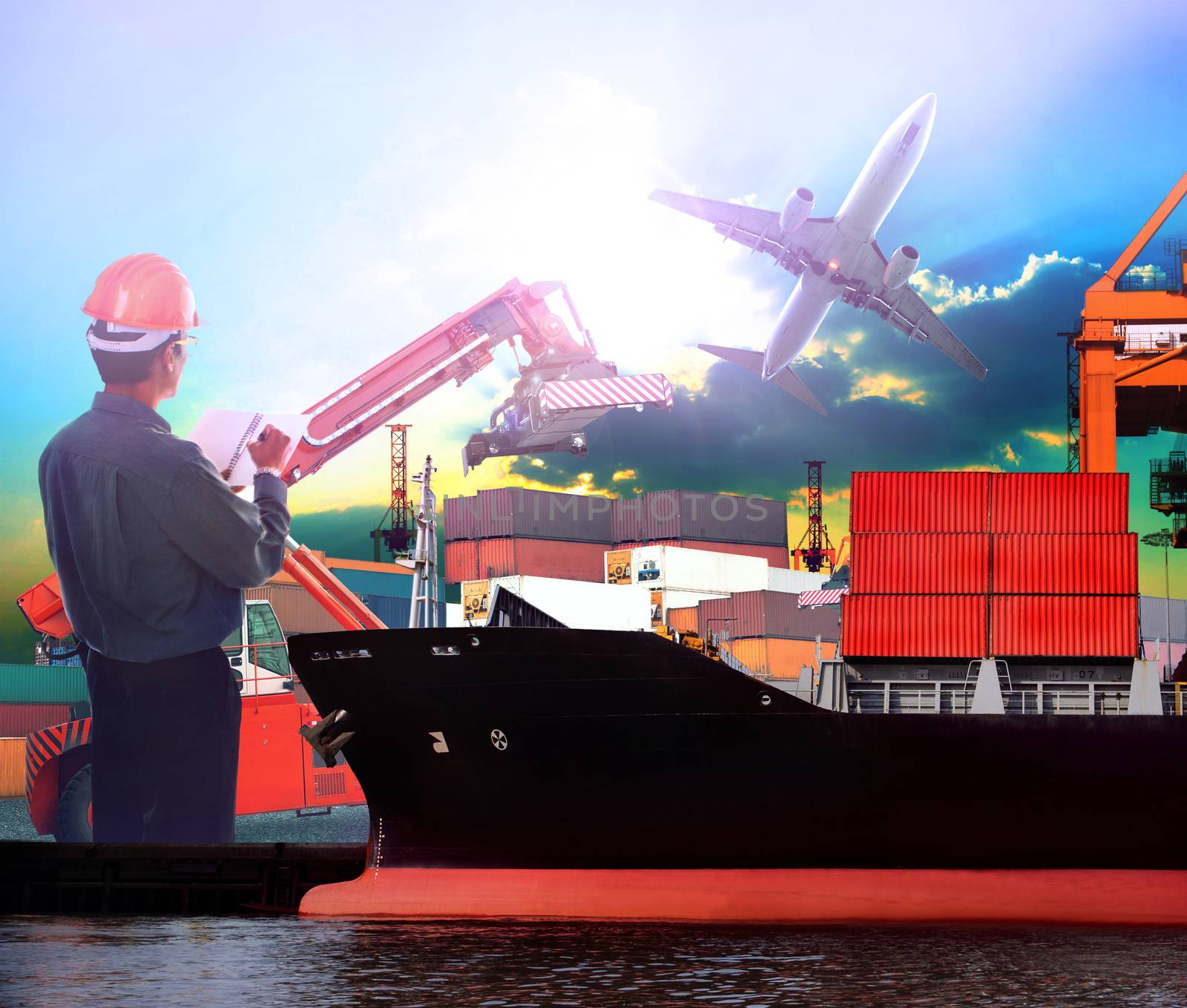 manager working in ship port and air plane cargo logistic use as import export ,transportation shipping ,land and air transport topic