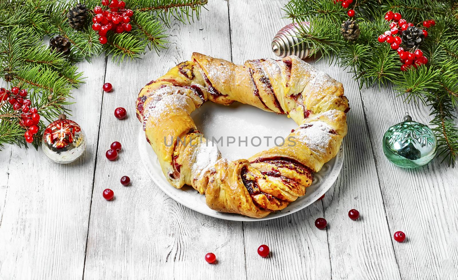 tray of baked Christmas baking background with Christmas tree and decorations