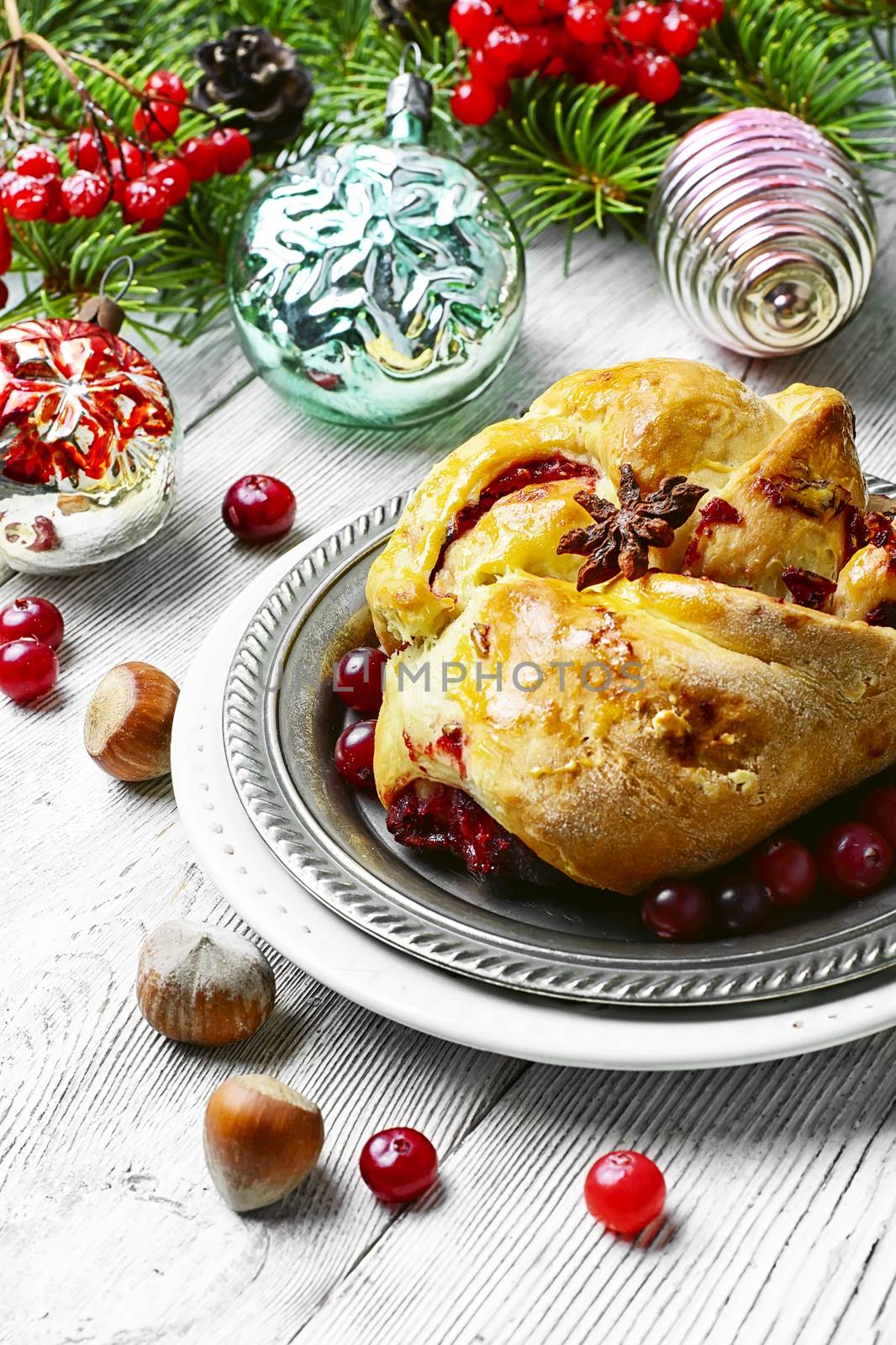 tray of baked Christmas baking background with Christmas tree and decorations