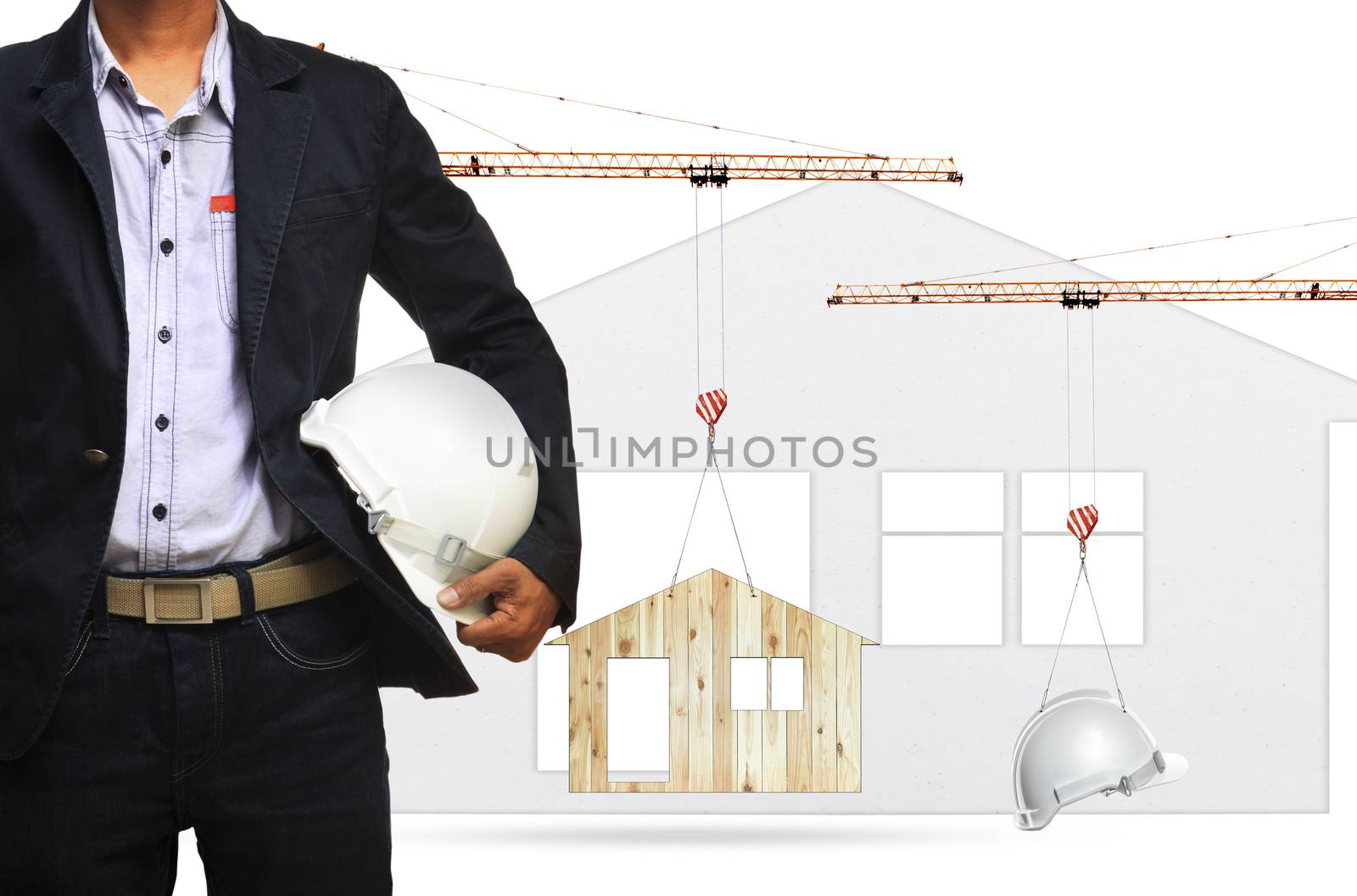 architect and construction crane lifting home and safety helmet on white background use for construction industry and residence real estate land development