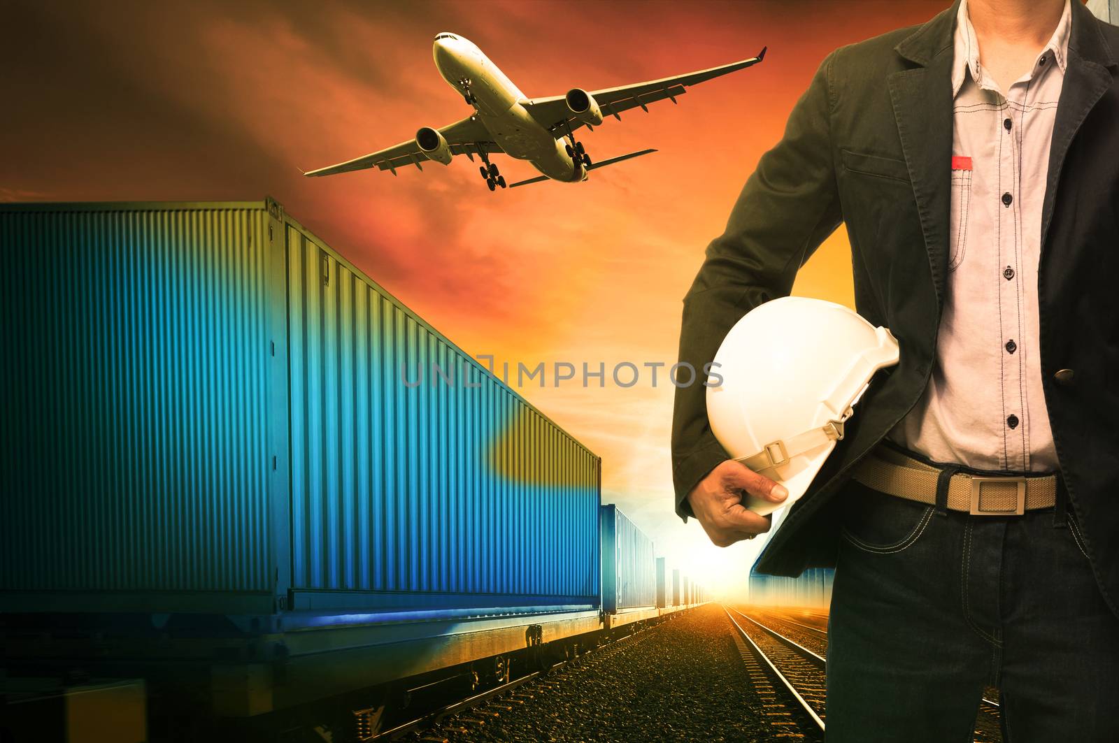 industry container trains running on railways track  cargo plane flying with land bridge transportation over ship port use for land ,air and ship transportation in logistic business industry ,import expoert shipping service 