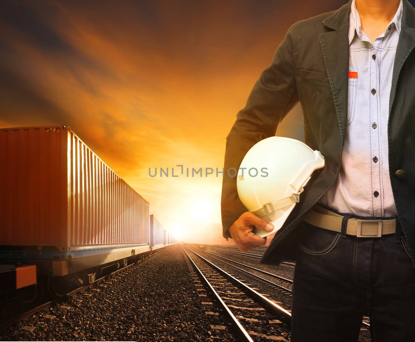 industry container trainst running on railways track and working man use for land transport and logistic business 