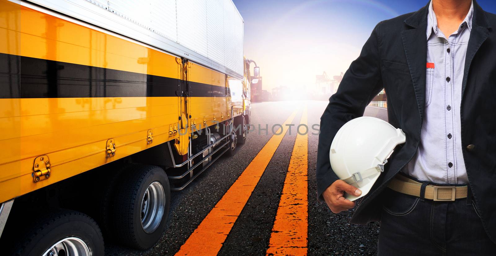 working man and container truck use for land transport,industry logistic business ,people in occupation theme 