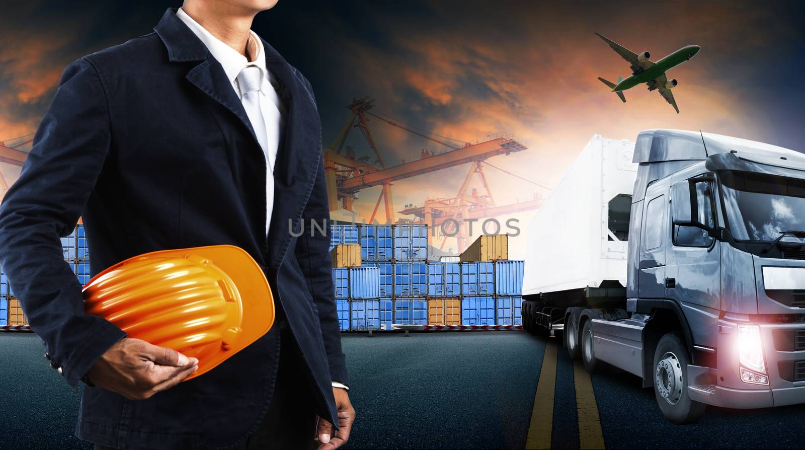 container truck ,ship in port and freight cargo plane in transport and import-export commercial logistic ,shipping business industry 