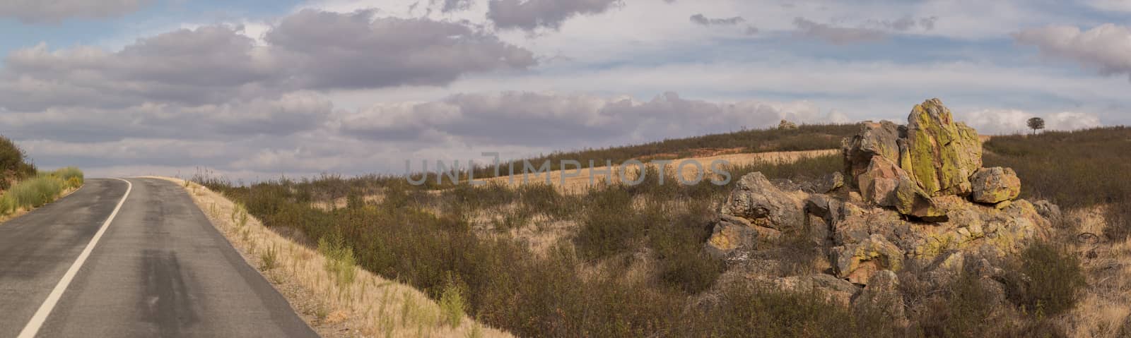 Panorama view of a countryside road in Alentejo region, Portugal.